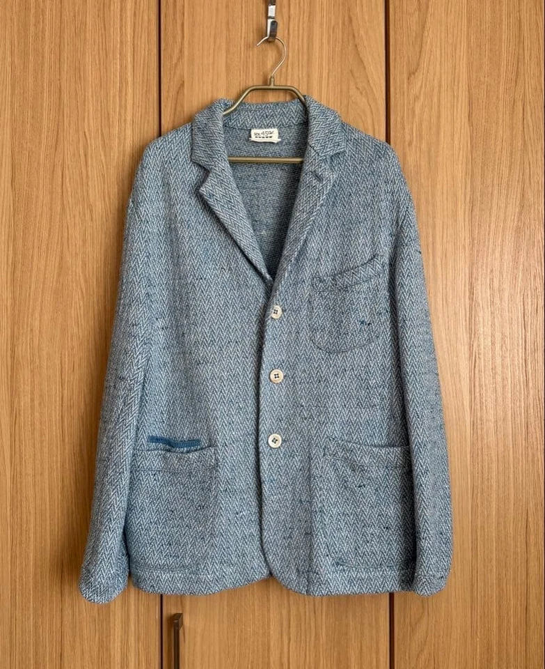 45R / 45rpm Linen blend Herringbone Tailored Jacket Blue Near MINT - Image 2 of 4