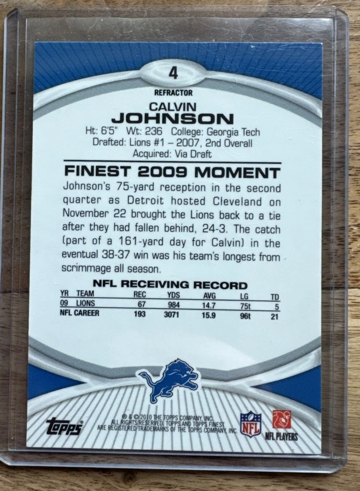 2010 Topps Finest Refractor #4 Calvin Johnson  HOF Lions - Image 2 of 2