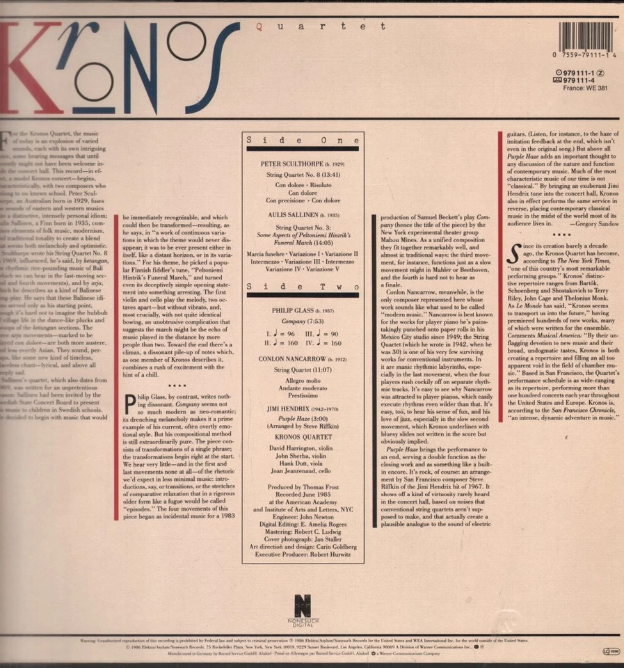 9791111 Kronos Quartet Self-Titled LP vinyl Europe Nonesuch 1986 with inner - Bild 2 von 4