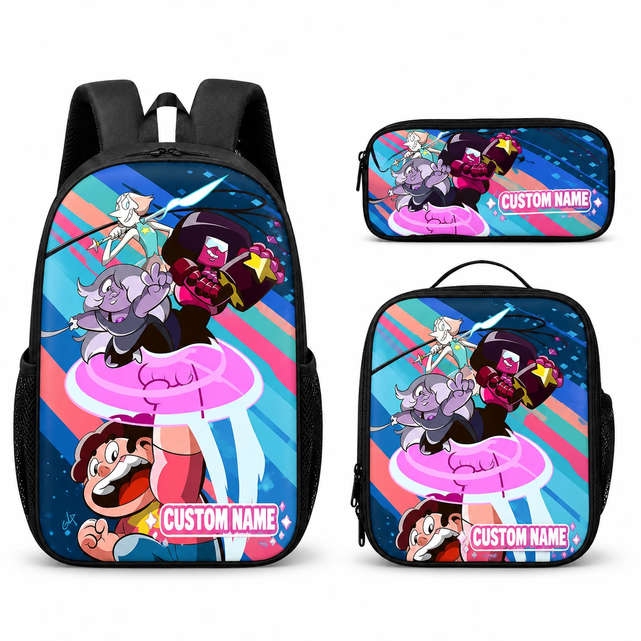 Custom Name Backpack Lunch Bag Pencil Case Set Blue Pink Cartoon Hero School