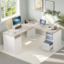 Modern 60" L Shaped Desk Corner Home Office Computer Desk W/ File Drawer Outlets