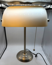 Vintage Bankers Desk Lamp with White Glass Shade Silver Metal Body Pull Chain