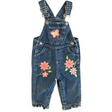 Y2K Baby Denim Overalls 18M Blue Jeans Pink Flower Applique Vintage