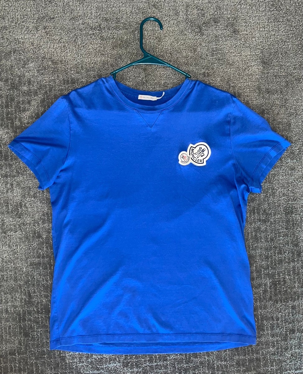 Moncler Maglia Double Logo Graphic Print T Shirt in Blue- Medium