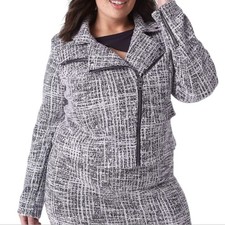 Lane Bryant Tweed Moto Jacket Asymmetrical Zip Front Lightweight Black White 18