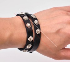 Western Flower Studded Double Wrap Leather Bracelet Wristband Cuff Bangle Black