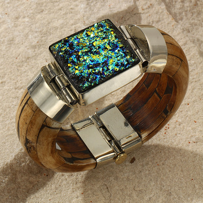 New Tara Mesa Titanium Yellow Drusy & Brown Bone Bangle Bracelet [MSRP~$525]