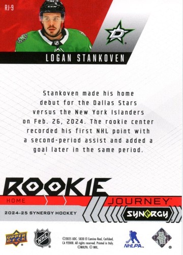 Logan Stankoven /499 Red Rookie Journey 24-25 Synergy Insert Card RJ-9 Carolina - Picture 2 of 2