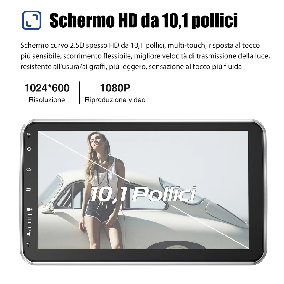 Autoradio 10" 1 DIN Android 14 4+64G Carplay GPS RDS BT Ruotabile Schermo Camera - Immagine 3 di 4