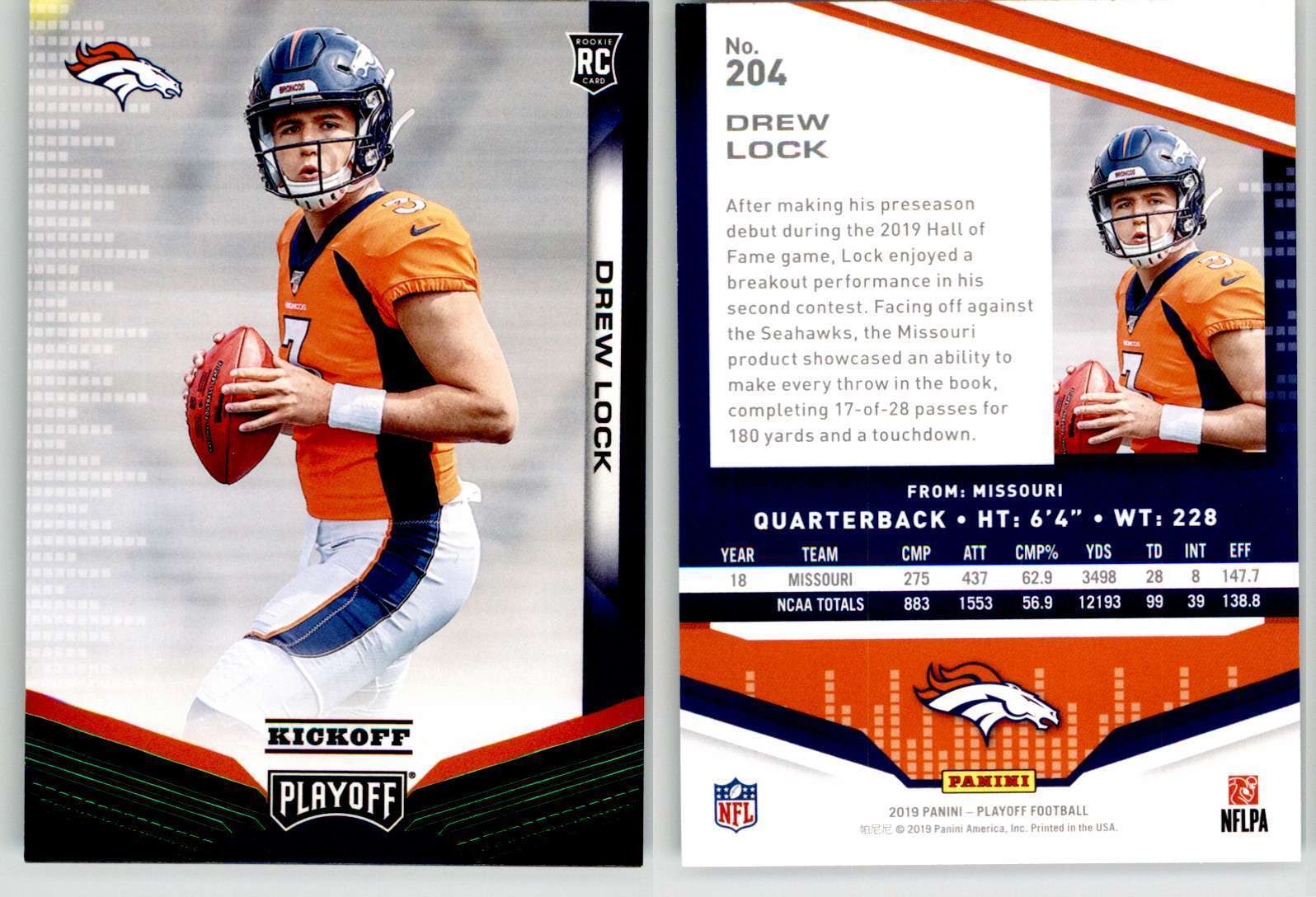 Drew Lock 2019 Playoff Kickoff #204 Missouri Broncos Giants RC Rookie