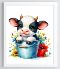 Cow Wall Art Print, Cow in a Bucket Print, Farmhouse Art Home Decor Print 103