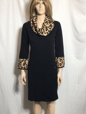 Women's NWT Jessica Howard Cowl Neck Leopard Trim Shift Stretch Sweater Dress