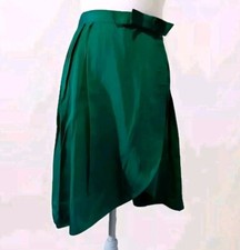 Vintage 1960s Emerald Satin Uneven Hemline Cocktail Wrap Mini Skirt w/Bow Sz S