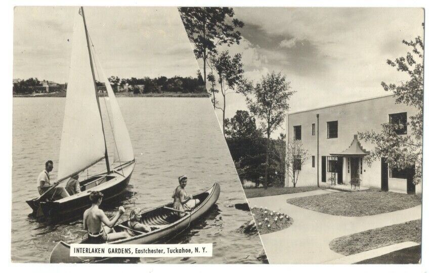 EASTCHESTER, TUCKAHOE NY INTERLAKEN GARDENS ca1940's RPPC Canoe