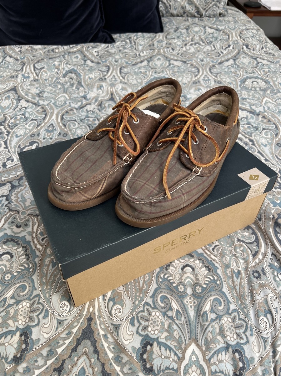 Sperry RARE | Olive/Burgandy Plaid Oilcloth/Leather Boat  display picture 2