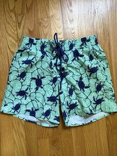 TomboyX Swim Shorts M Green Navy Turtle Print Drawstring Elastic Suit Trunks 
