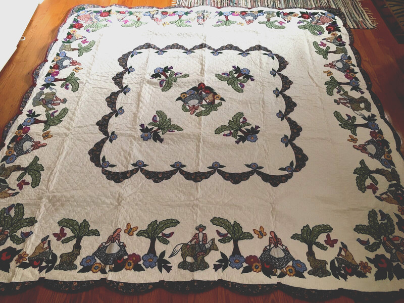 Handmade Appliqued / Embroidery Cotton Quilt   87" x 87"