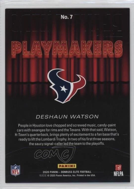 2020 Panini Donruss Elite Playmakers Gold /10 Deshaun Watson #7 - Image 2 of 2