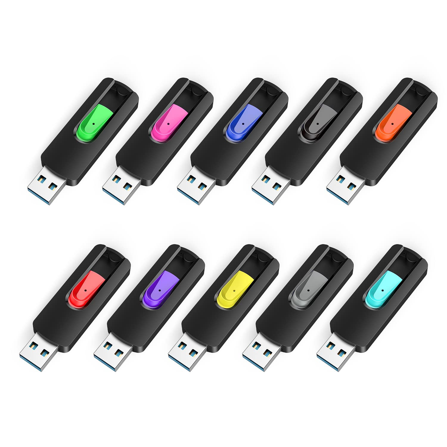 10 Pack 64GB USB 3.0 Flash Drives Slide Retractable Memory Stick Bulk Thumb D...