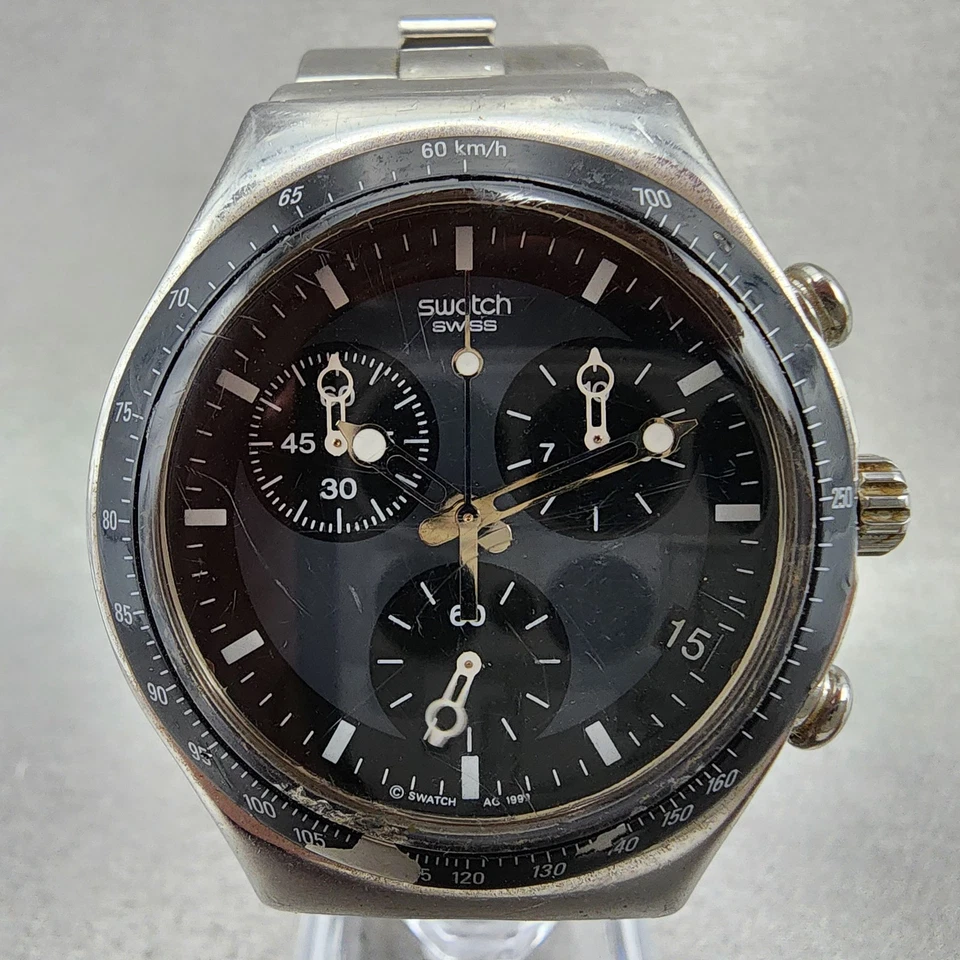 Reloj Swatch Irony Cronógrafo Windfall Hombre 40mm Esfera Negra Tono Plateado Batería Nueva Foto 2 de 4