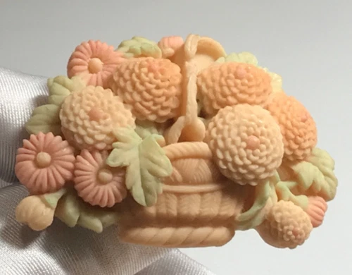 Art Deco 1930s Carved Celluloid Flower Basket Brooch Vintage Jewelry