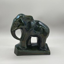 Art Deco Cubist Style Green Glazed Pottery Elephant Ceramic Geometric Bookend