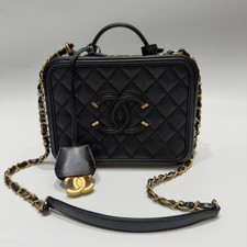 Chanel Vanity Case Medium Black Caviar Leather Camera Bag Gold Chain Italy