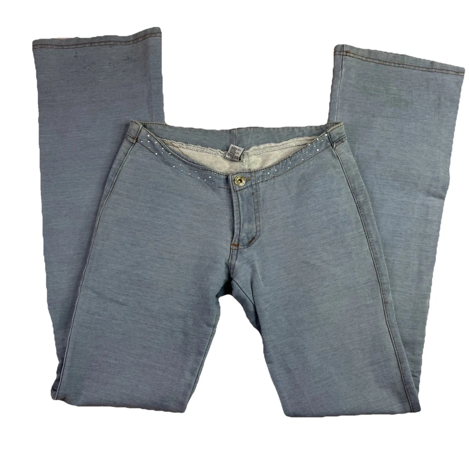 Y2K Virgin Only Women’s Low Rise Flare Jeans Blue Gray M Rhinestone Brazil - Image 2 of 4