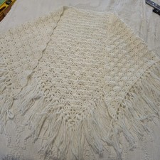 Shawl Granny Cottage Hand Knitted Cream Heavy Adult Fringe EUC Vintage Boho