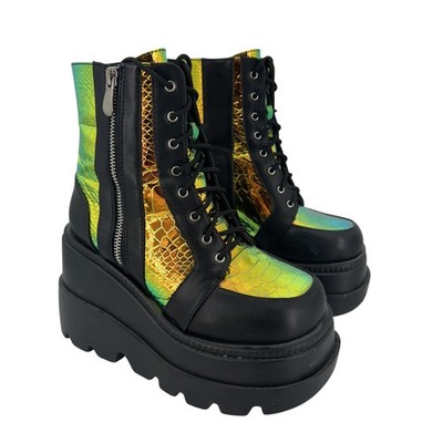 Cape Robbin Radio Platform Boots Womens Size 7 Black Holographic Snakeskin Goth