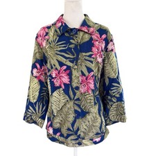 Chico's 2 Large 100 Linen Shirt Jacket Shacket Blue Tropical Floral Button Up