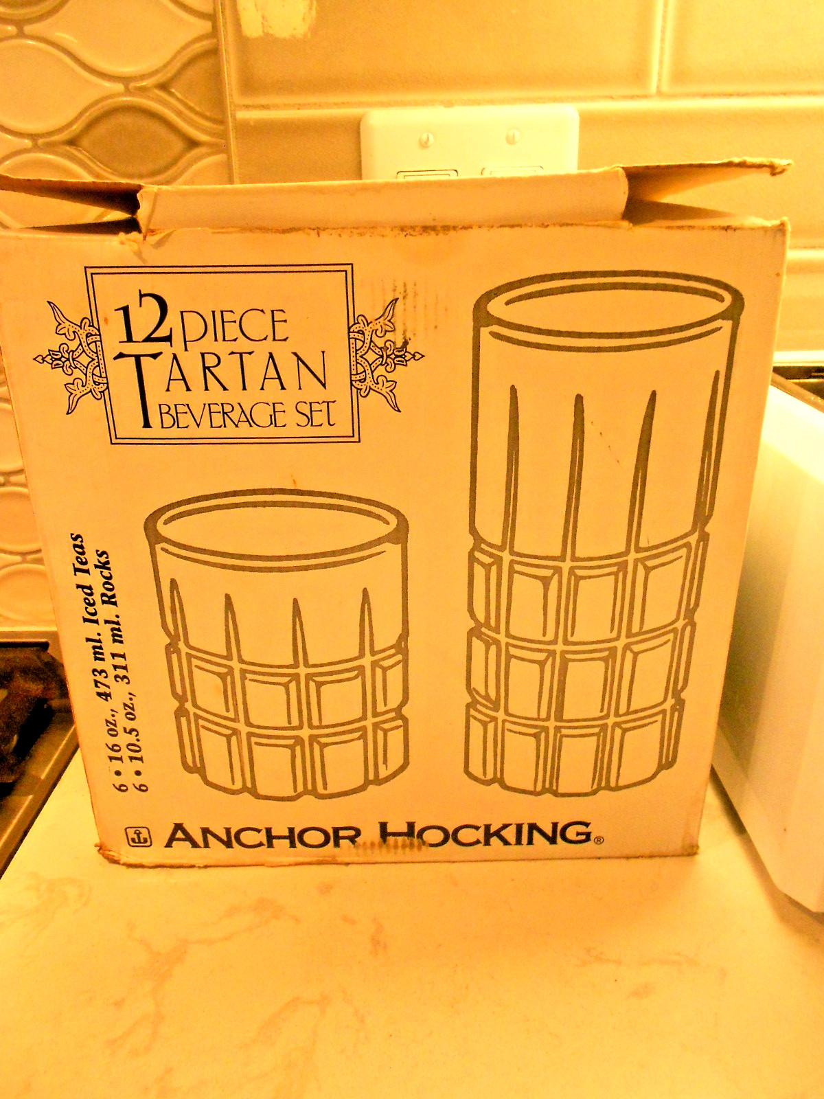 2 Anchor Hocking Emerald Green Tartan Double Old Fashion Glasses 3 1/2”