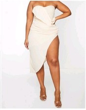 NEW PrettyLittleThing Plus Nude Cup Chiffon Drape Bodycon Dress Womens 16 Beige