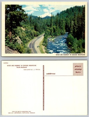 Vintage Mirro-Krome Postcard Cascade Mountains River Highway Pacific NW