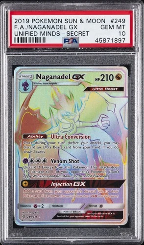 2019 POKEMON SUN & MOON UNIFIED MINDS SECRET #249 FULL ART/NAGANADEL GX PSA 10