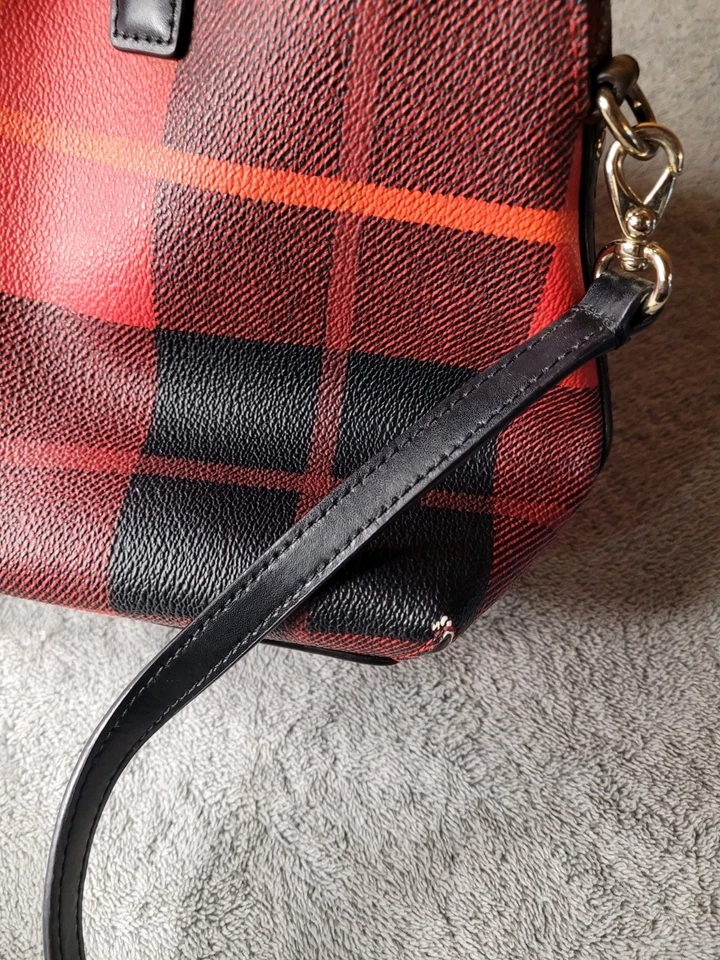 Kate Spade Red Black Plaid Medium Satchel Leather Handbag Purse Crossbody - Image 4 of 4