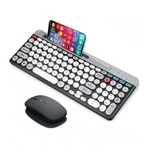 Wireless Keyboard and Mouse Combo with Phone Tablet Holder, White Grey