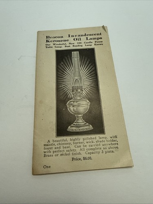 #ad VINTAGE BEACON INCANDESCENT KEROSENE OIL LAMP SALES BROCHURE $48.00