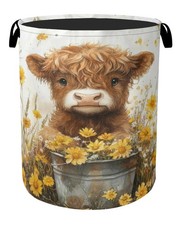 Cute Highland Cow Flower Foldable Canvas Laundry Basket with Handles - Storag...