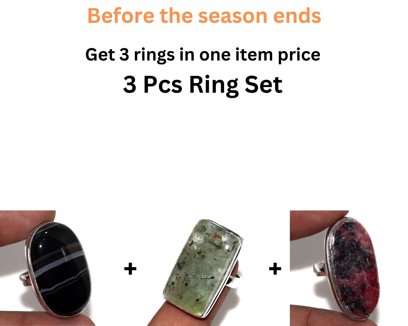 Onyx Prehnite Rhodonite 3-Piece Ring Set Combo US 7 Savings JW