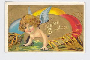 ANTIQUE-POSTCARD-EASTER-ANGEL-CRAWLS-OUT-OF-EGG-GOLD-EMBOSSED