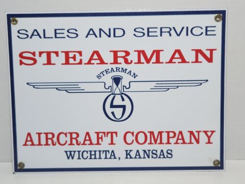 Vintage Stearman Aircraft Sign - Aviation Gas Pump Airplane Sales Porcelain Sign - Picture 1 of 11