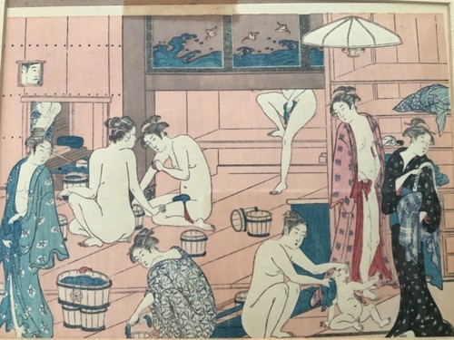 Vintage Japanese Minato with Stamp Woodblock Print BathhouseDistressed Frame - Picture 2 of 12