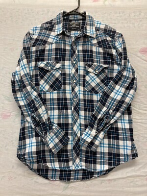 Cactus Man Flannel Pearl Snap Shirt Men s Medium Blue Plaid Cotton Western