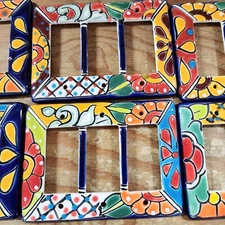 Mexican Talavera Pottery Triple Rocker Light Switch Cover Multi colored folk art