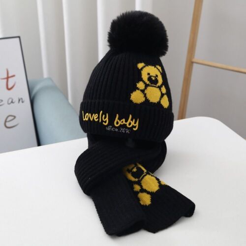 LOVE Embroidered Bear Baby Hat Scarf Set Knitted Winter Baby Scarf  Boys Girls - Picture 1 of 18