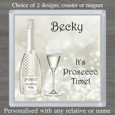 Personalised Prosecco Coaster / Magnet Any Name Birthday Xmas Gift Bling