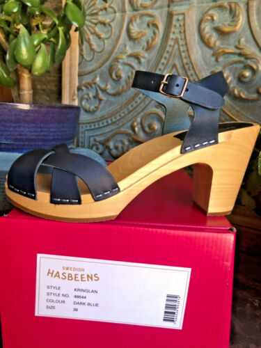 Swedish Hasbeens Kringlan Heel Clogs Navy Blue Woven Leather Sandal EU 38 US 7.5 - Picture 4 of 11