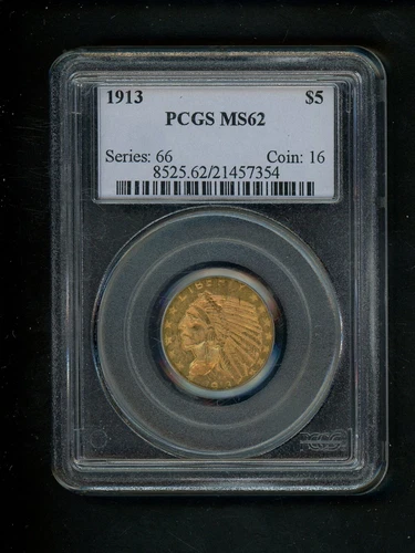 1913 US $5.00 Gold Indian Head Half Eagle PCGS MS62 UNC Spot Free GEM Rich Color
