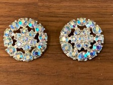 Vintage Aurora Borealis Flower Crystal Rhinestone Round Sewing Buttons LOT OF 2
